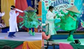 Un niño se disfrazó de coronavirus para actuar en el Carnaval de Ocampo, que se lleva a cabo en Tamaulipas
