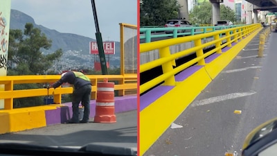 ¿Adiós a la ‘ajolotización’? Captan puentes y vialidades de morado repintados de color amarillo