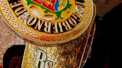 La silla de montar de ornamento de oro de 24 quilates con incrustaciones de diamantes