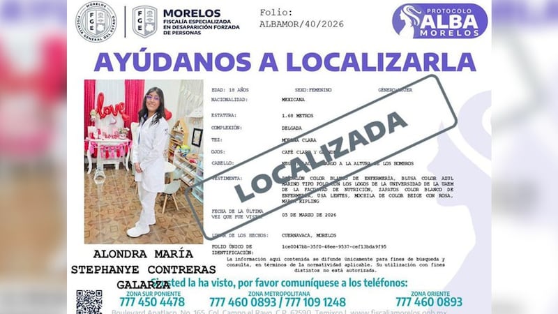 Hallan con vida a Alondra Stephanye Contreras, estudiante de la UAEM reportada como desaparecida