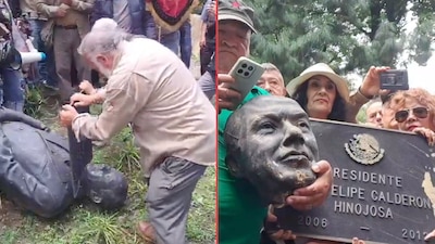 Decapitan estatua de Felipe Calderón tras protesta de extrabajadores de Luz y Fuerza
