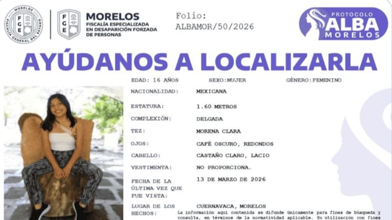 Desaparece joven de 16 años en Cuernavaca; Fiscalía local activa Protocolo ALBA
