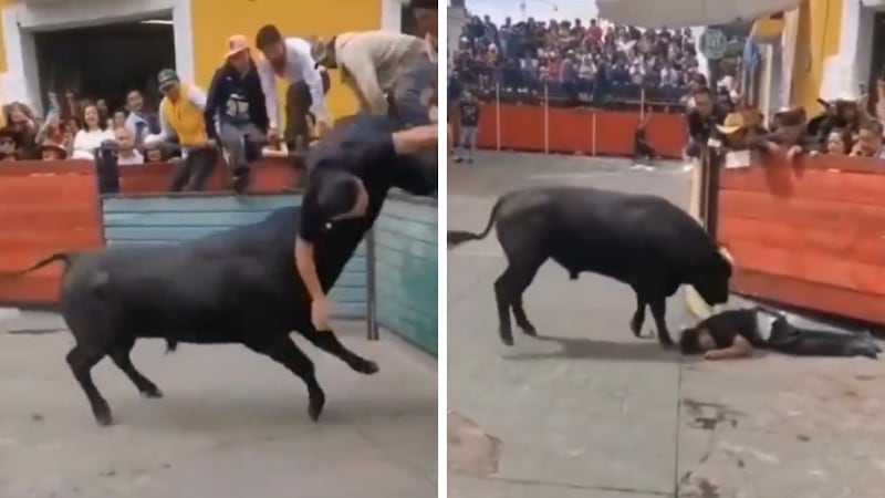 VIDEO: Toro embiste a sujeto en la Huamantlada; evento taurino termina con 8 lesionados