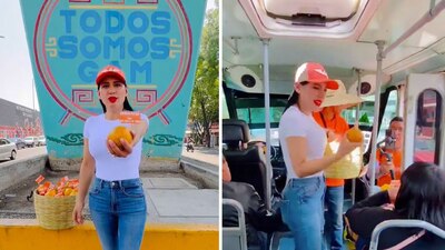 La candidata emecista regaló naranjas a usuarios del transporte