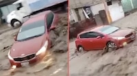 VIDEO: Auto intenta cruzar la calle en plena tormenta y se lo lleva la corriente en Edomex