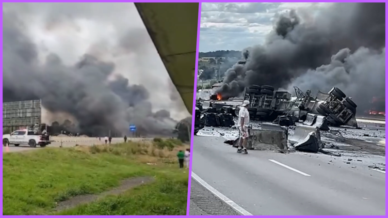Pipa de combustible vuelca y explota en la autopista México-Puebla