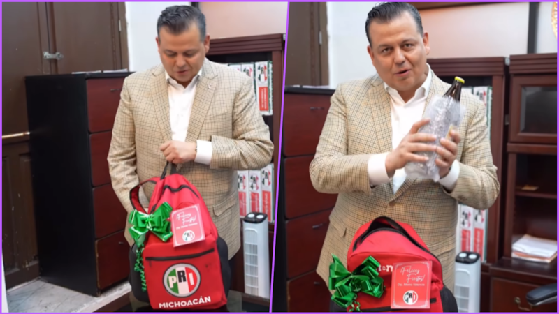 VIDEO: Diputado regala mochilas del PRI llenas de caguamas botana