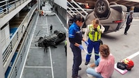 Camioneta y su conductora caen desde el segundo piso del estacionamiento de Galerías Coapa