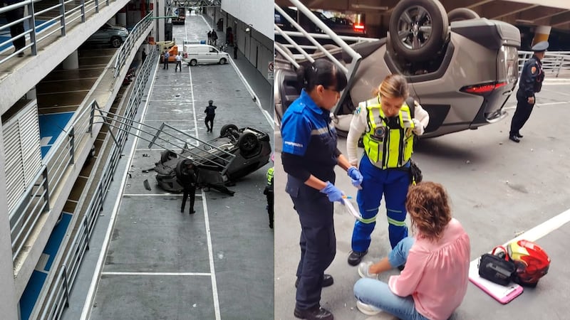 Camioneta y su conductora caen desde el segundo piso del estacionamiento de Galerías Coapa