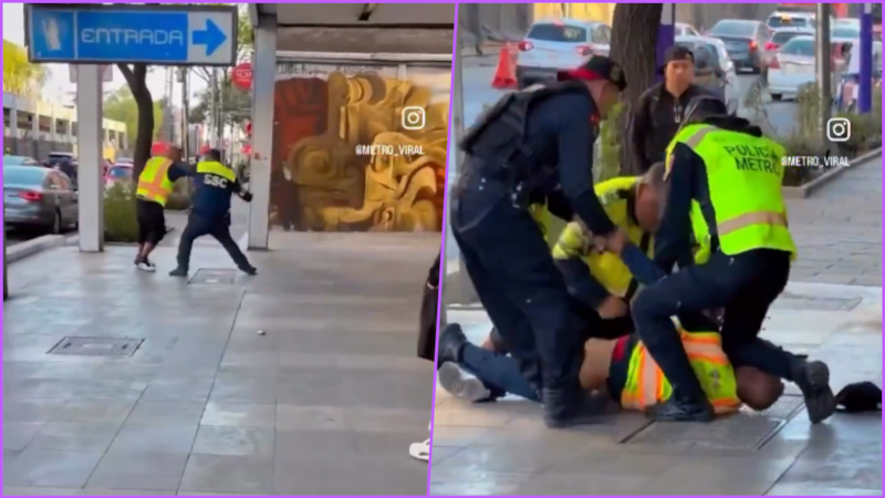 VIDEO: Policía se enfrenta a golpes con un hombre afuera del Metro San Antonio Abad