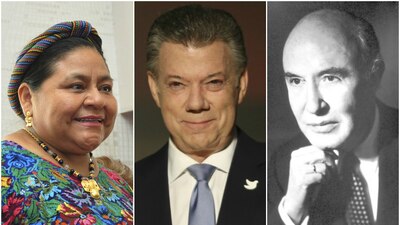 De izquierda a derecha: Rigoberta Menchú, de Guatemala, Juan M. Santos, de Colombia, y Alfonso García, de México