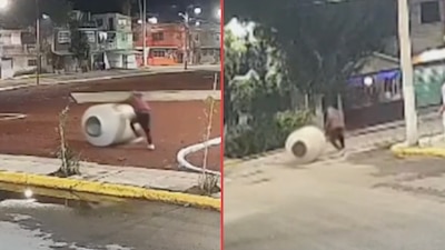 El sujeto fue grabado mientras corría por calles de la colonia Prizo I con el tinaco; vecinos aseguran que no sería la primera vez que realiza robos