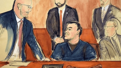 Dibujo sobre una de las audiencias previas al juicio del exlíder del Cártel de Sinaloa