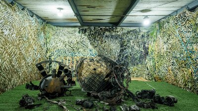 Cables chamuscados y retorcidos y un armazón ceniciento del tamaño de un neumático de nieve grande