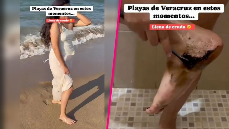 VIDEO: Mujer entra a playa de Veracruz y acaba manchada de hidrocarburo