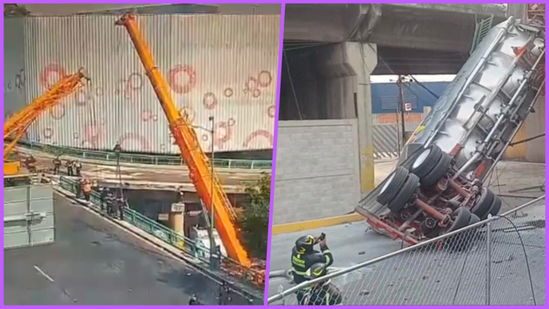 Tráiler vuelca en puente de Azcapotzalco y permanece más de 15 horas colgado