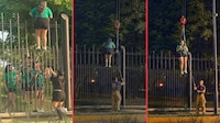 Mujer se queda atorada en vallas del Parque Fundidora tras quedar fuera del Fan Fest