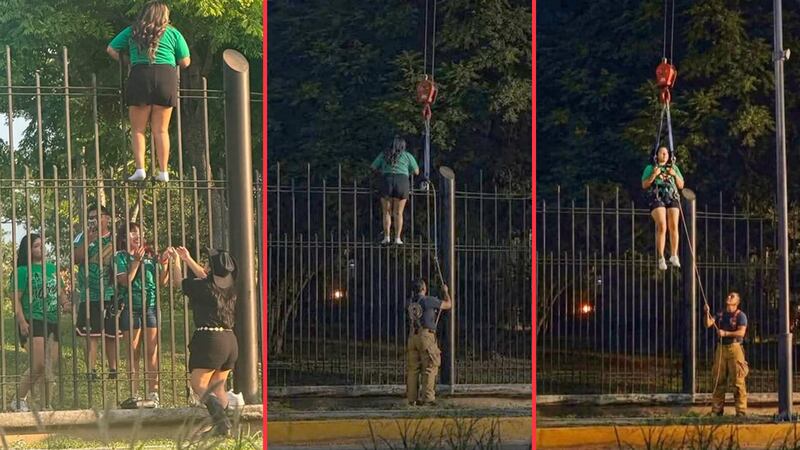 Mujer se queda atorada en vallas del Parque Fundidora tras quedar fuera del Fan Fest