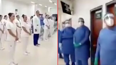 Un grupo de médicos se da ánimos con el Himno Nacional mexicano