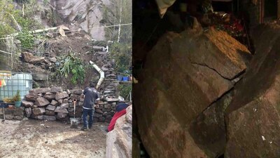 Especialistas en la demolición de rocas trabajan para convertir las piedras en un muro de amortiguamiento