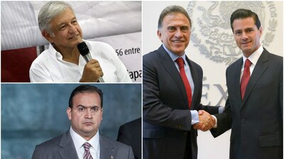 Andrés Manuel López Obrador (arriba a la izq.), el prófugo Javier Duarte (izq.) y el gobernador Yunes con el presidente Peña