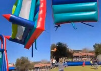 VIDEO: Castillo inflable sale volando con niños dentro; los 2 menores resultaron heridos