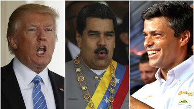 El presidente Donald Trump, su homólogo venezolano Nicolás Maduro y el líder opositor Leopoldo López