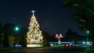 El oyamel, de 10 metros de altura, fue adornado con miles de luces y artesanías mexicanas