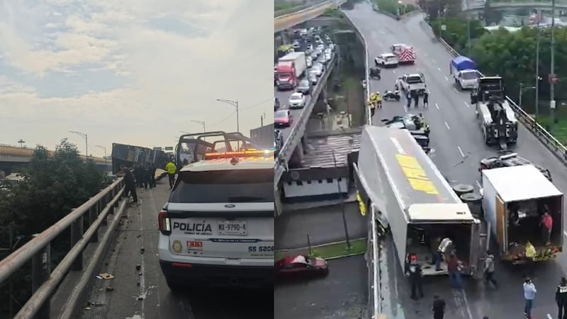 Tráiler vuelca en distribuidor vial... Estuvo a punto de caer sobre avenida Oceanía