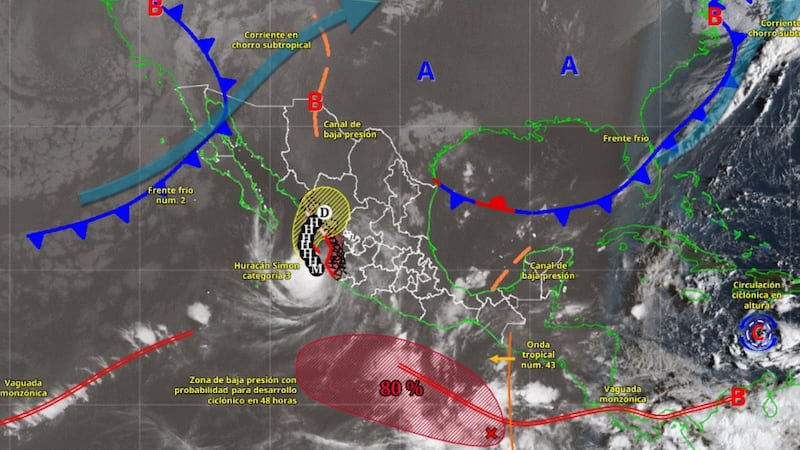 ‘Simon’ baja a Huracán Categoría 2, pero mantiene lluvias muy fuertes y oleaje de hasta 6 metros