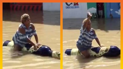 Al ritmo de "en el mar, la vida es más sabrosa", la mujer saludó a quienes la grababan mientras "navegaba"