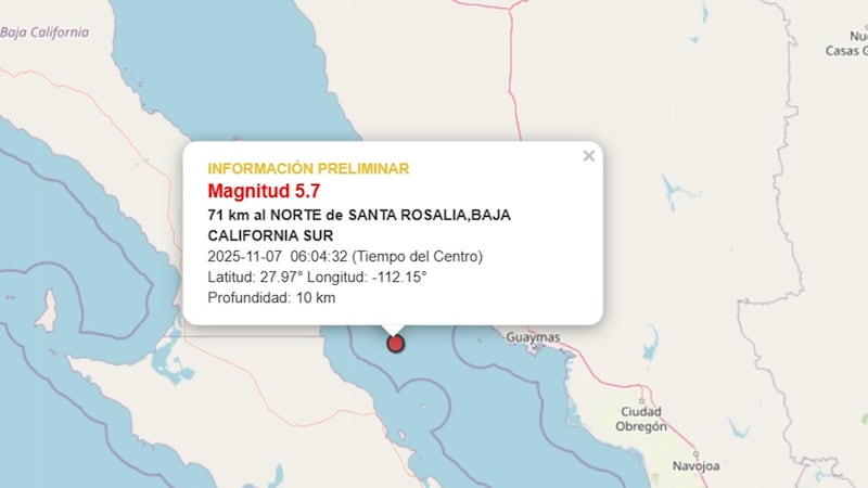 Se registra sismo de magnitud 5.7 en Santa Rosalía, Baja California Sur