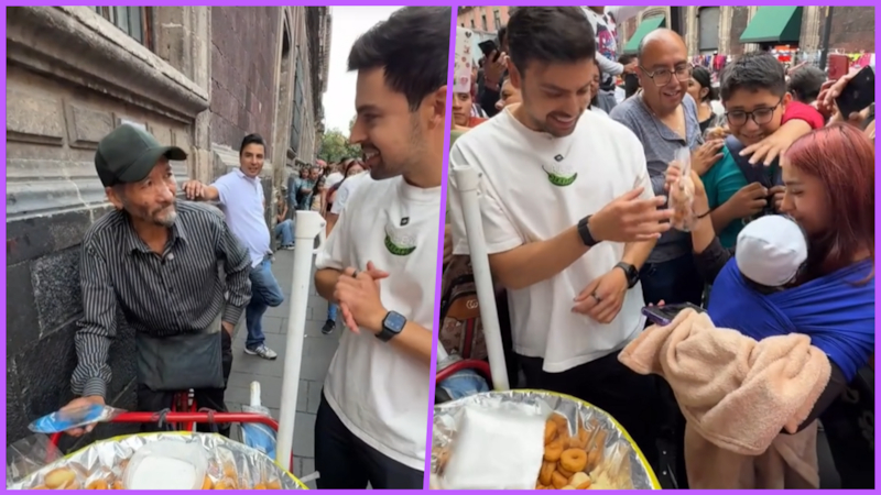 VIDEO: Influencer compra todas las donitas a vendedor de CDMX y provoca caos al regalarlas