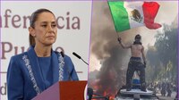 Sheinbaum vería provocación por foto de sujeto con la bandera de México en una patrulla incendiada