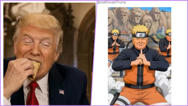 Trump comparte video hecho con IA comiendo tacos con Sheinbaum y convertido en Naruto