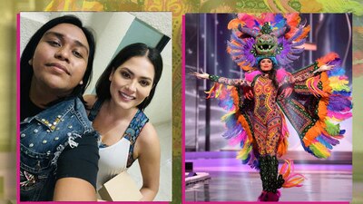 Avelino Roque junto a Andrea Meza, quien lució un traje de alebrije diseñado por el joven de 25 años