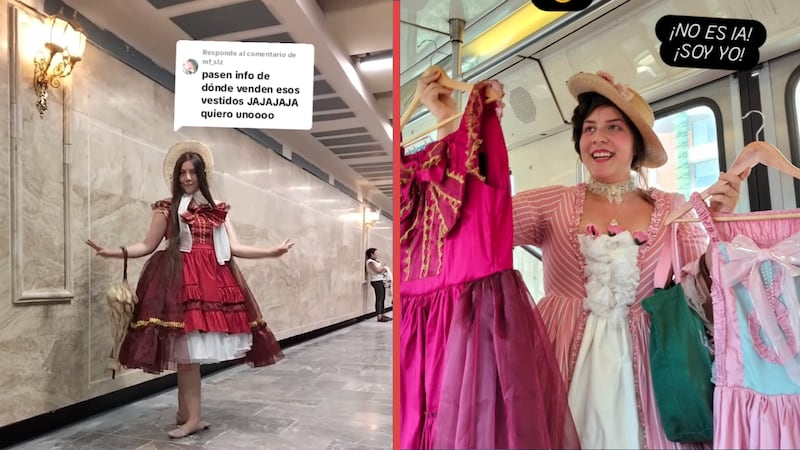VIDEO: Diseñadora mexicana aprovecha remodelación del Metro Hidalgo para vender vestidos estilo rococó