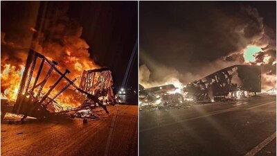 Los dos camiones que chocaron quedaron reducidos a cenizas y temen que haya otra víctima.