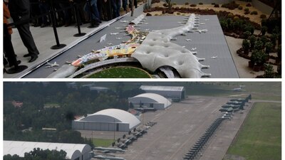 Una maqueta del nuevo aeropuerto que se construye en Texcoco y abajo la actual base aérea militar