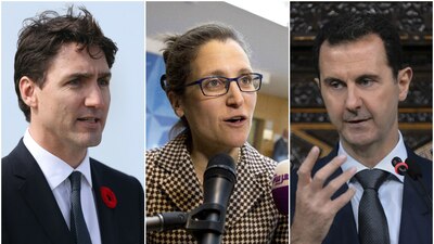 El primer ministro de Canadá, Justin Trudeau, su canciller Chrystia Freeland y el presidente sirio Bashar al Assad