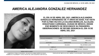 América tiene 17 años de edad y fue vista por última vez en la colonia Morelos