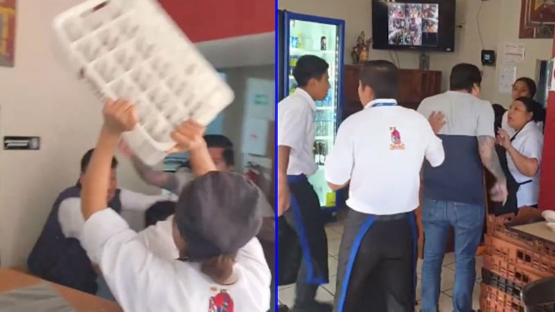 VIDEO: Captan pelea campal entre meseros y clientes en restaurante... se avientan sillas y cajas