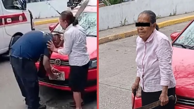 Mujer de la tercera edad saca machete para evitar infracción de elementos de tránsito en Chiapas