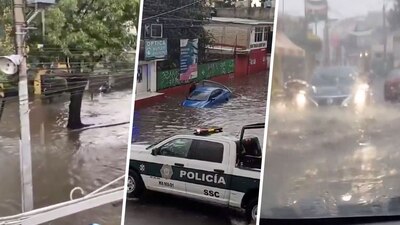 El auto azul quedó debajo del agua, tras loas lluvias de este martes