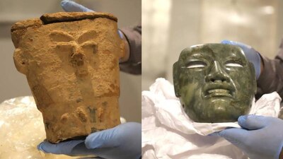 Una urna de barro y una máscara de roca, además de un libro llegaron a México desde Nueva York.