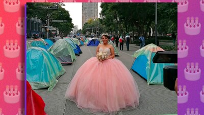La joven no tuvo fiesta, pero sí set de fotos con casas de campaña de FRENAAA de fondo