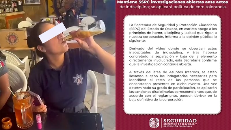Mujer policía deja la SSPC de Oaxaca tras ser exhibida ingiriendo alcohol con uniforme
