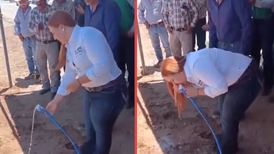 Alcaldesa Ana Karen Sánchez Flores de arteaga inauguró obra de agua potable pero sólo salió un chorro