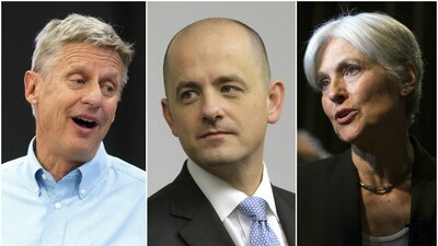 Hay otros 5 candidatos como Gary Johnson (izq); Evan McMullin (centro) o Jill Stein (der)