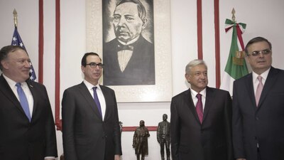 Mike Pompeo, Steven Mnuchin, AMLO y Marcelo Ebrard